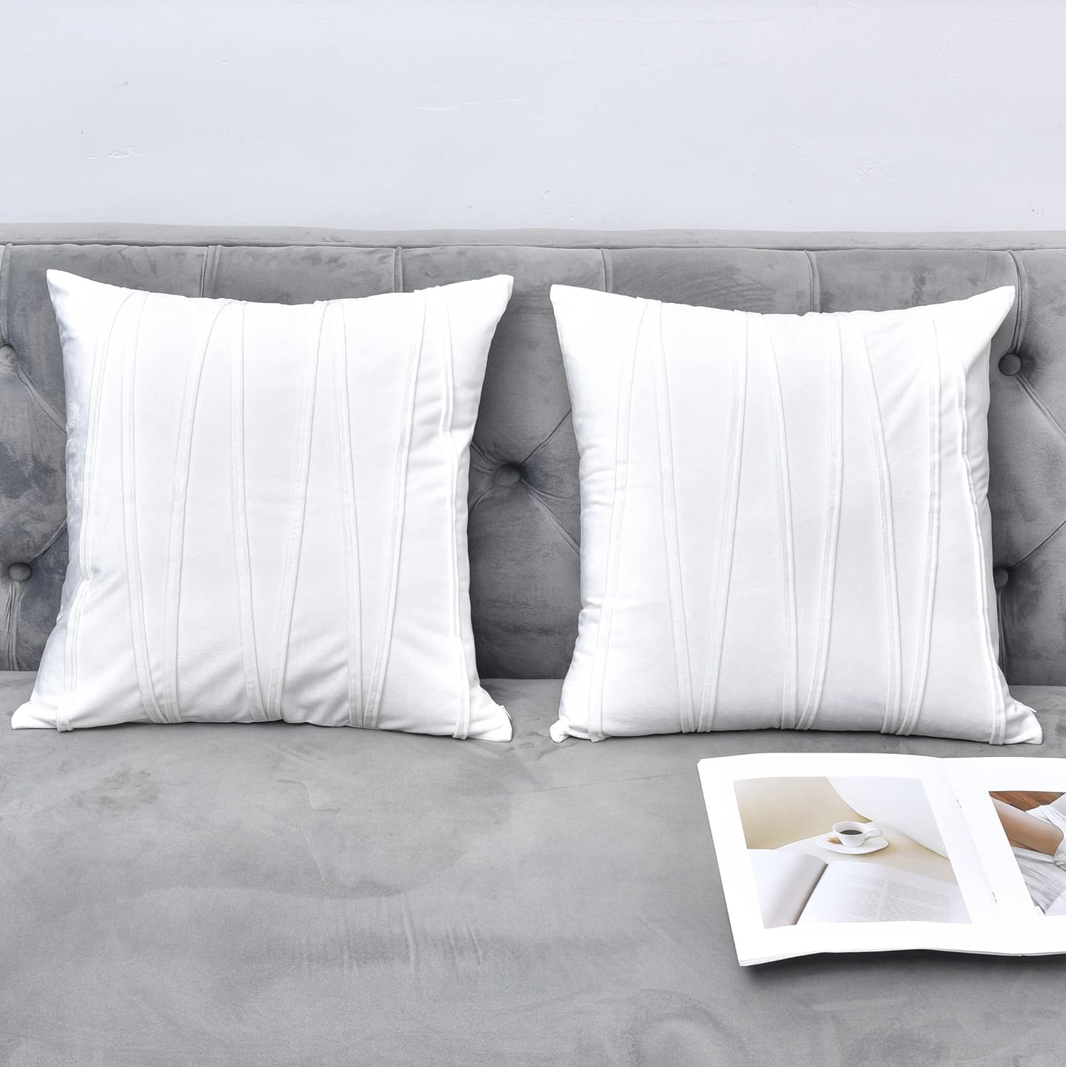 Knotting Home Decorative Striped Throw Pillow Covers White Color Solid Velvet Pillow Covers Cushion Case with Zigzag Pattern for Sofa Bedroom