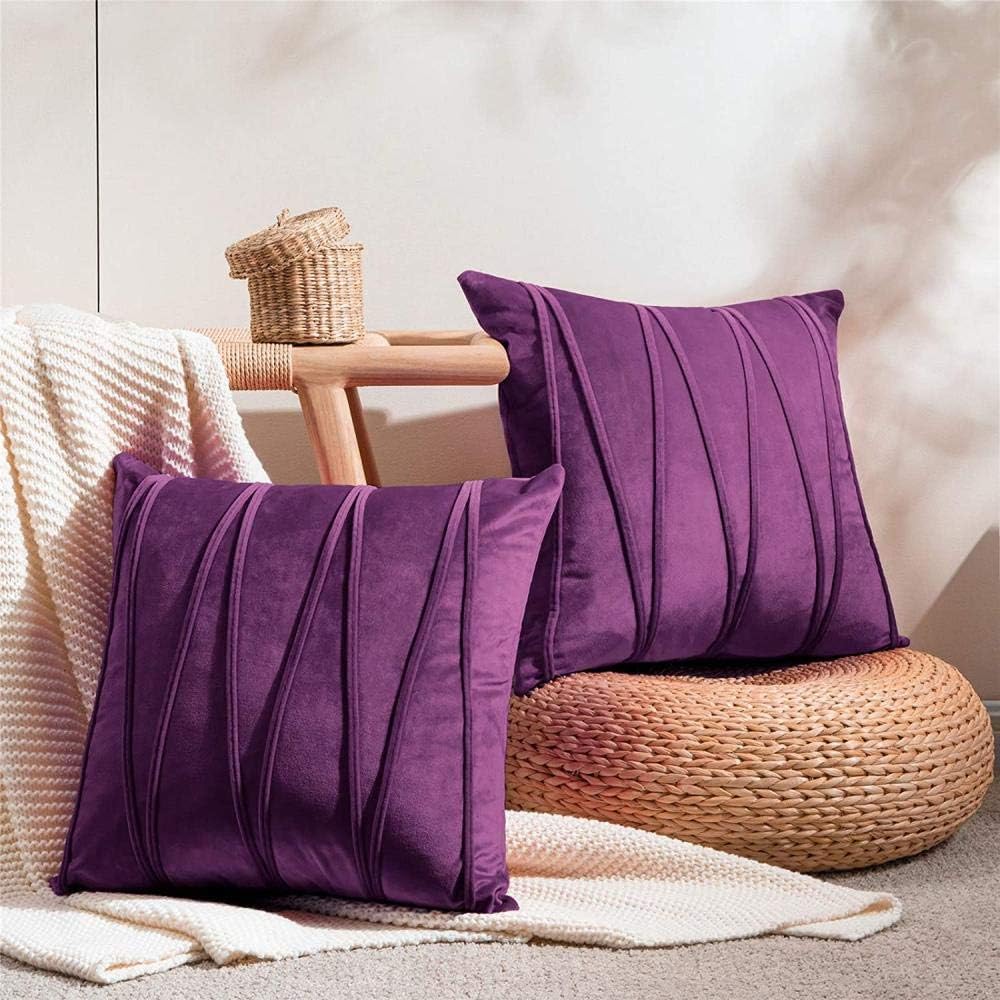 Knotting Home Decorative Striped Throw Pillow Covers Purple Color Soft Solid Velvet Pillow Covers Cushion Case with Zigzag Pattern for Sofa Bedroom