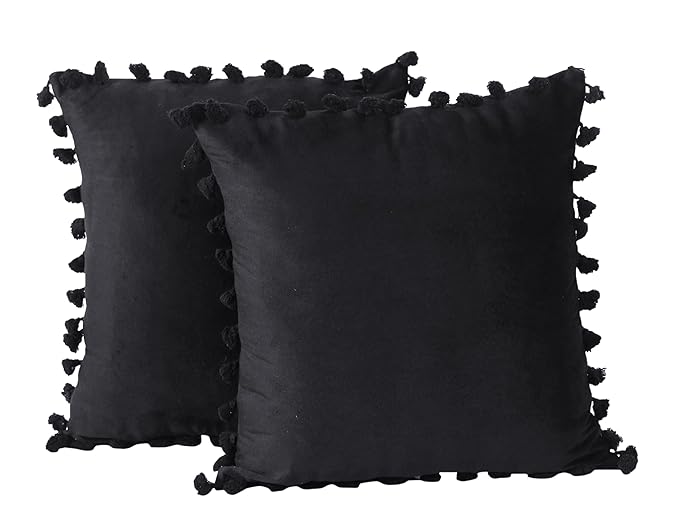 KNOTTING HOME Velvet Tassels Fringe Design Cushion Cover Throw Pillow Covers for Sofa Living Room in Black Color