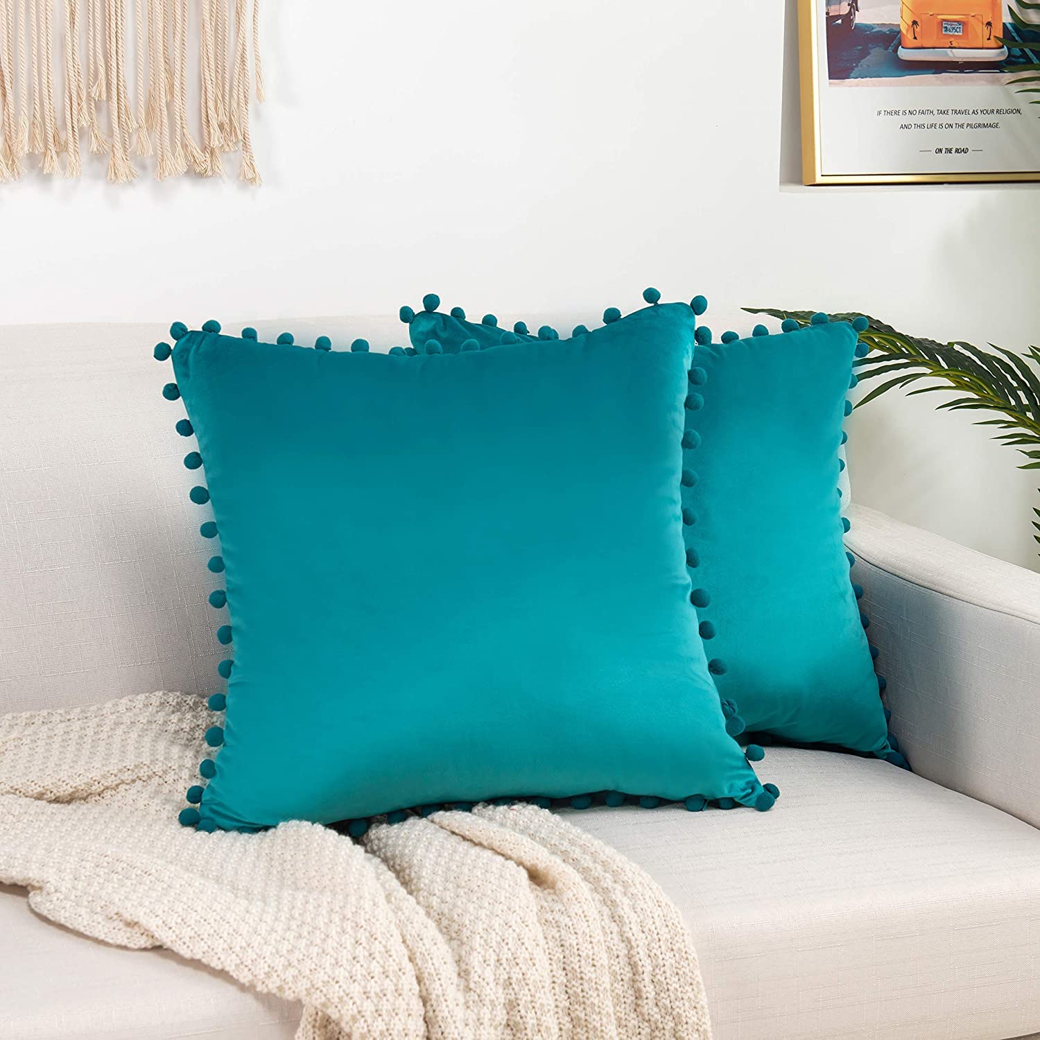 KNOTTING HOME Velvet Pompom Decorative Throw Pillow Covers Soft Solid Square Cushion Cover Pillow Decor, Teal color