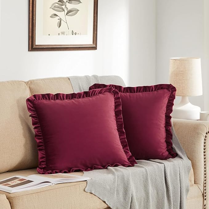 KNOTTING HOME Velvet Decorative Ruffle Cushion Pillow Covers for Sofa Couch and Home decor In Wine color