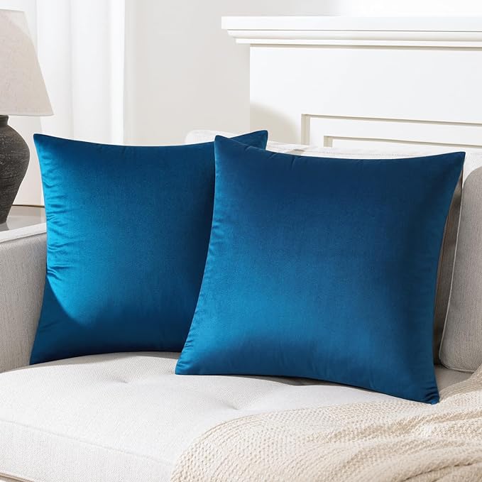 KNOTTING HOME Velvet Plain Decorative Throw Pillow Covers Soft Solid Square Cushion Cover Pillow Decor, Blue color