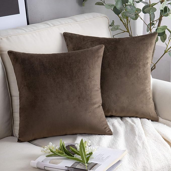 KNOTTING HOME Velvet Plain Decorative Throw Pillow Covers Soft Solid Square Cushion Cover Pillow Decor, Coffee color