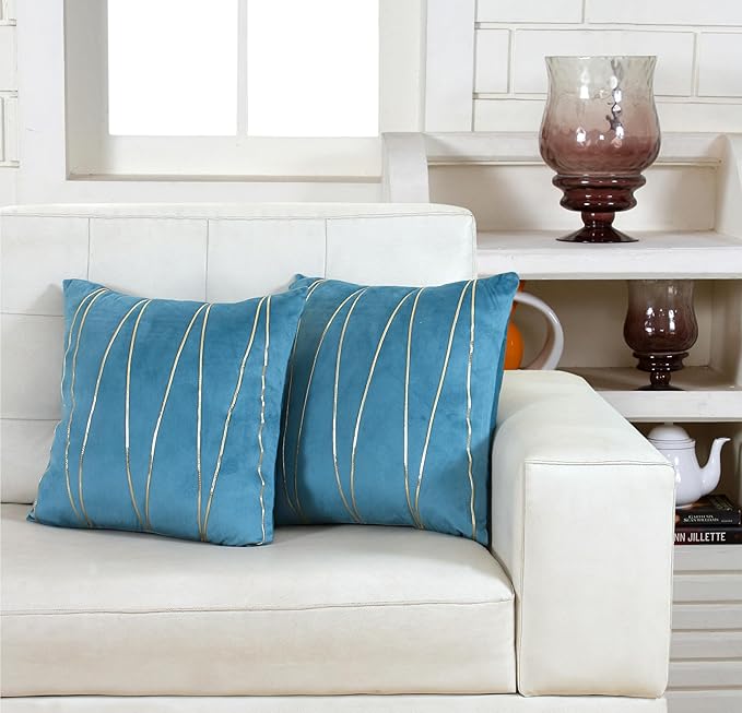 Knotting Home Decorative Gold Striped Throw Pillow Covers ,Soft Solid Velvet Pillow Covers Cushion Case with Zigzag Pattern for Sofa Bedroom