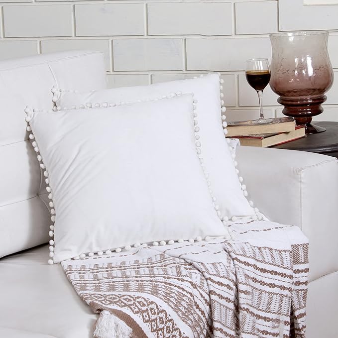 KNOTTING HOME Velvet Pompom Decorative Throw Pillow Covers Soft Solid Square Cushion Cover Pillow Decor, White color
