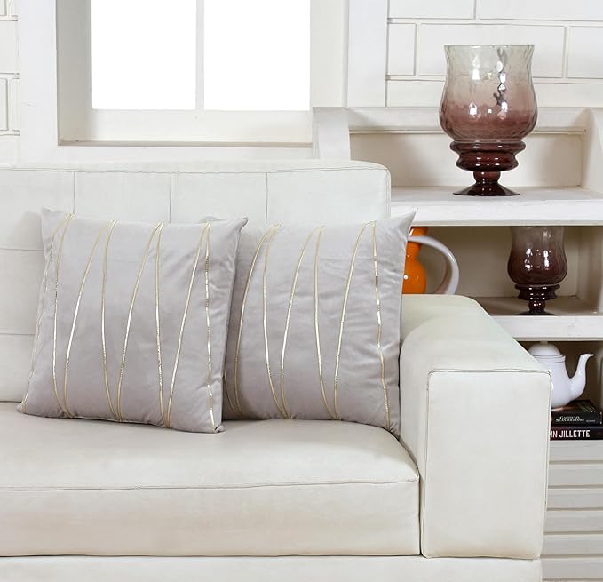 Knotting Home Decorative Gold Striped Throw Pillow Covers ,Soft Solid Velvet Pillow Covers Cushion Case with Zigzag Pattern for Sofa Bedroom