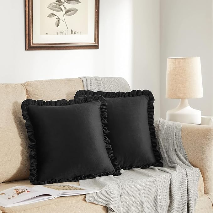KNOTTING HOME Velvet Decorative Ruffle Cushion Pillow Covers for Sofa Couch and Home decor In Black Color