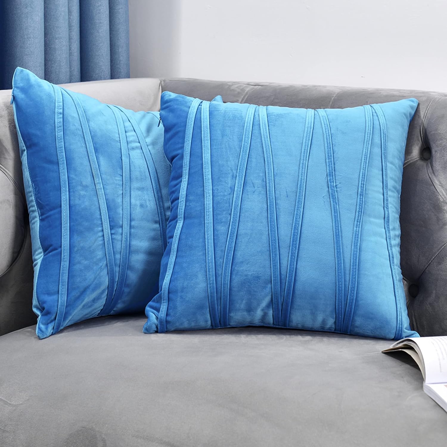 Knotting Home Decorative Striped Throw Pillow Covers Teal Color Soft Solid Velvet Pillow Covers Cushion Case with Zigzag Pattern for Sofa Bedroom