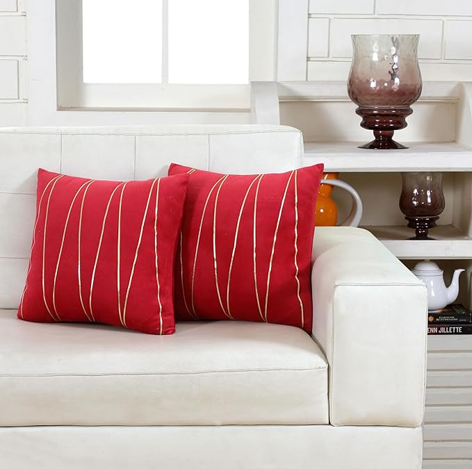 Knotting Home Decorative Wine Gold Striped Throw Pillow Covers ,Soft Solid Velvet Pillow Covers Cushion Case with Zigzag Pattern for Sofa Bedroom