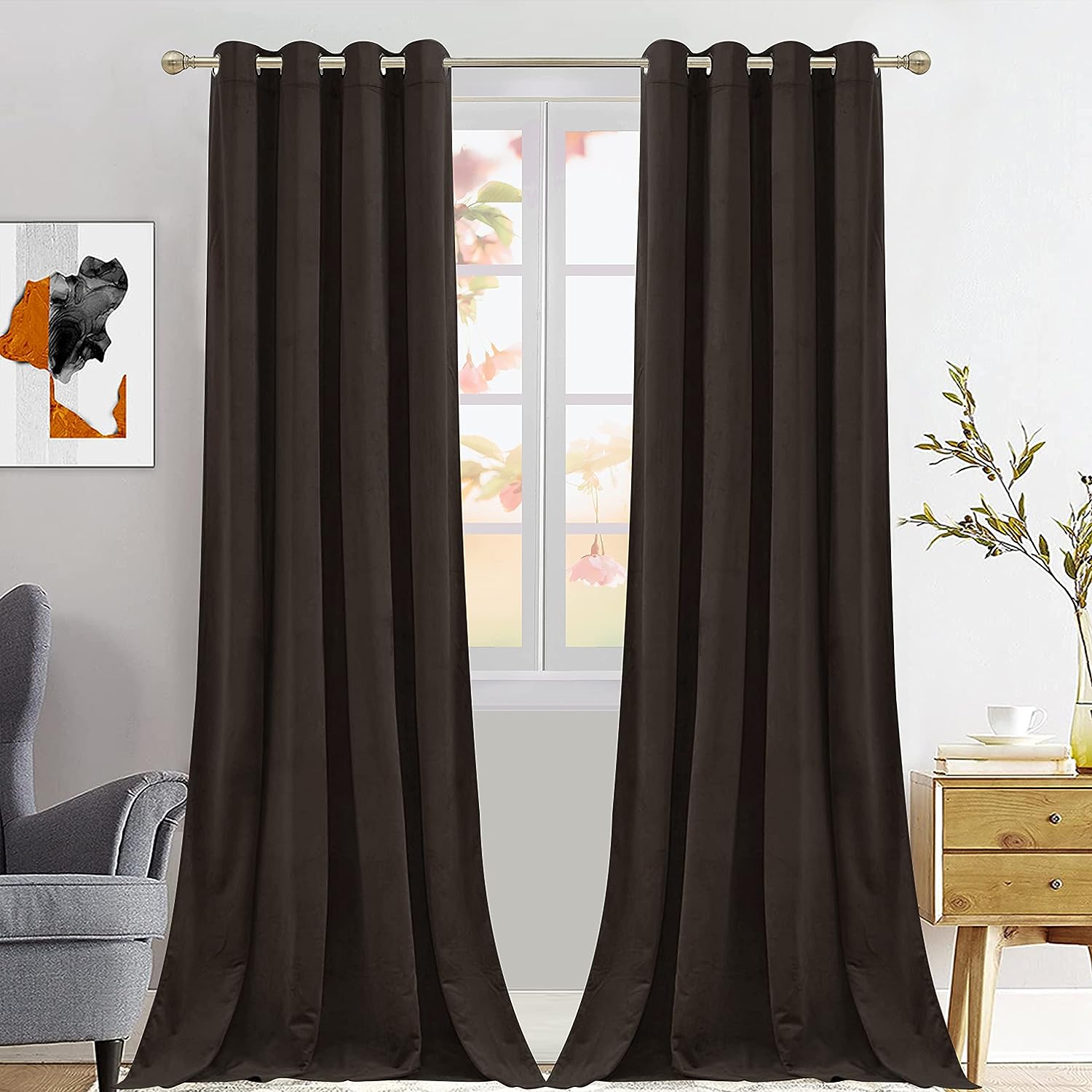 KNOTTING HOME Room Darkening Plain Velvet Eyelet Door Curtains for Living Room ,Bedroom ,Kitchen in Coffee Color