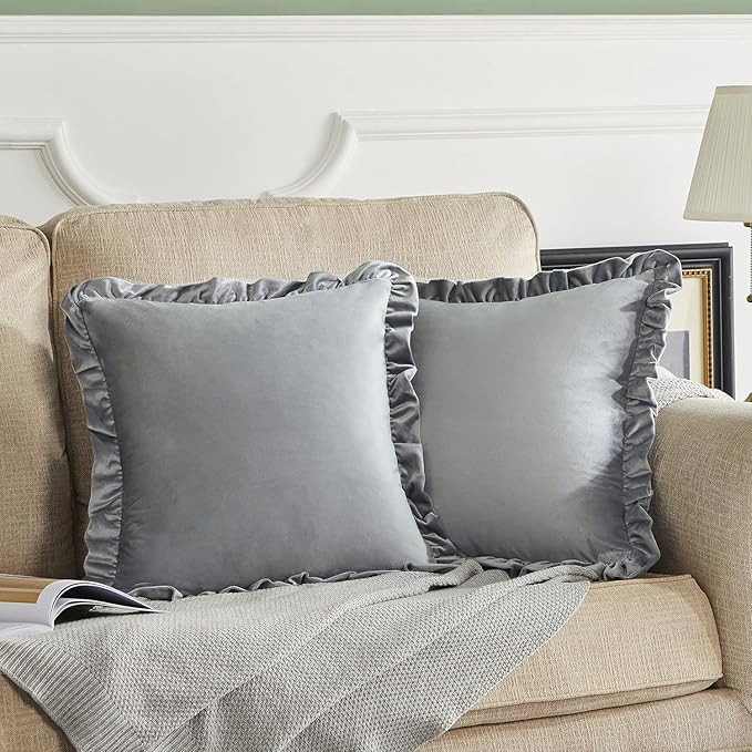 KNOTTING HOME Velvet Decorative Ruffle Cushion Pillow Covers for Sofa Couch and Home decor In Silver Color