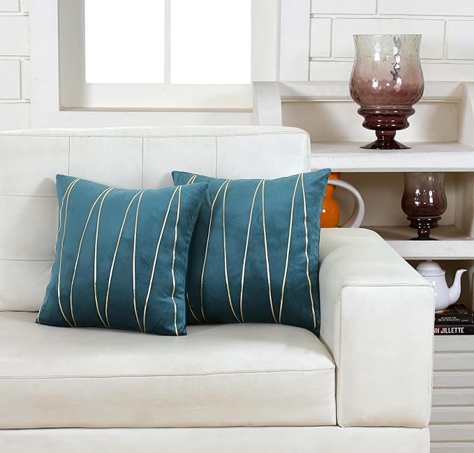 Knotting Home Decorative Gold Striped Throw Pillow Covers ,Soft Solid Velvet Pillow Covers Cushion Case with Zigzag Pattern for Sofa Bedroom