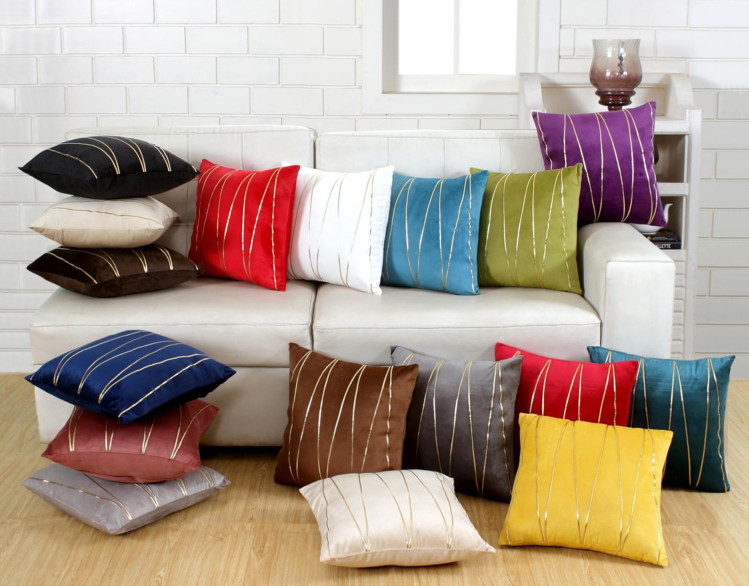 Knotting Home Decorative Gold Striped Throw Pillow Covers ,Soft Solid Velvet Pillow Covers Cushion Case with Zigzag Pattern for Sofa Bedroom