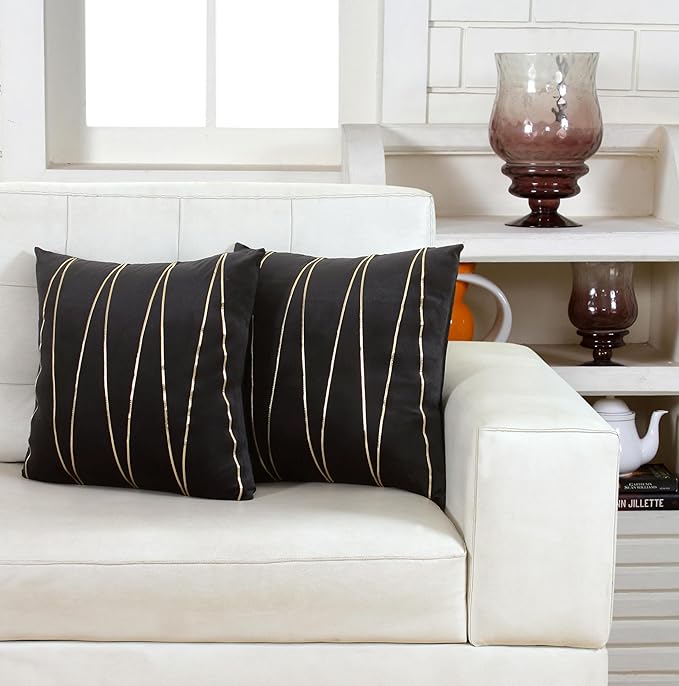 Knotting Home Decorative Black Gold Striped Throw Pillow Covers ,Soft Solid Velvet Pillow Covers Cushion Case with Zigzag Pattern for Sofa Bedroom