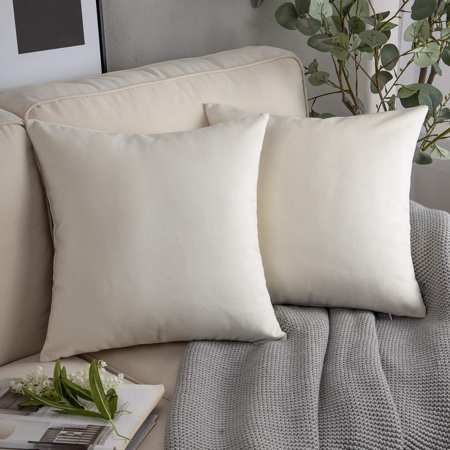 KNOTTING HOME Velvet Plain Decorative Throw Pillow Covers Soft Solid Square Cushion Cover Pillow Decor, Cream color