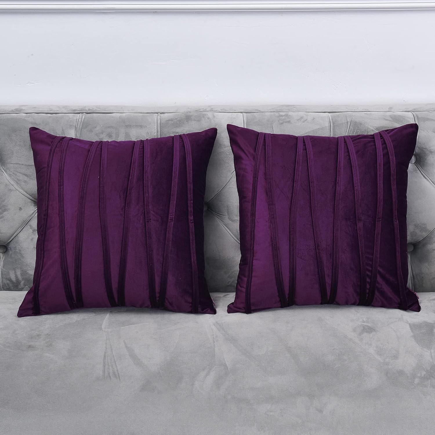 Knotting Home Decorative Striped Throw Pillow Covers Purple Color Soft Solid Velvet Pillow Covers Cushion Case with Zigzag Pattern for Sofa Bedroom