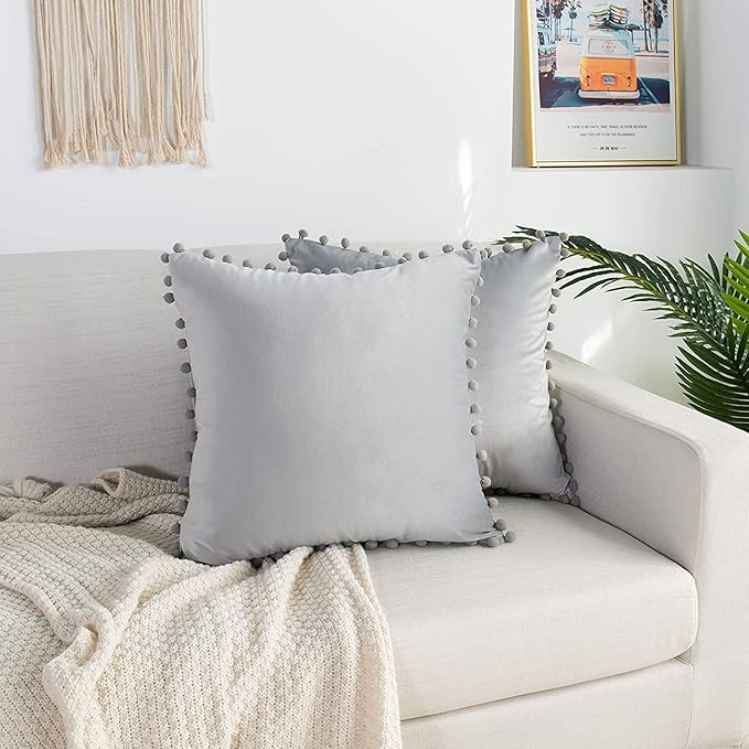 KNOTTING HOME Velvet Pompom Decorative Throw Pillow Covers Soft Solid Square Cushion Cover Pillow Decor, Silver color