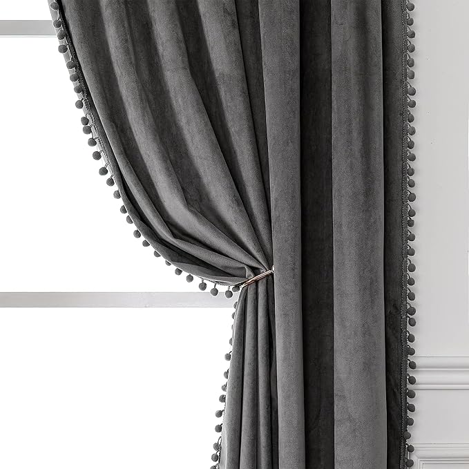 KNOTTING HOME Velvet Eyelet Door Curtains with pom pom Lace for Living Room Bedroom Kitchen in Grey Color