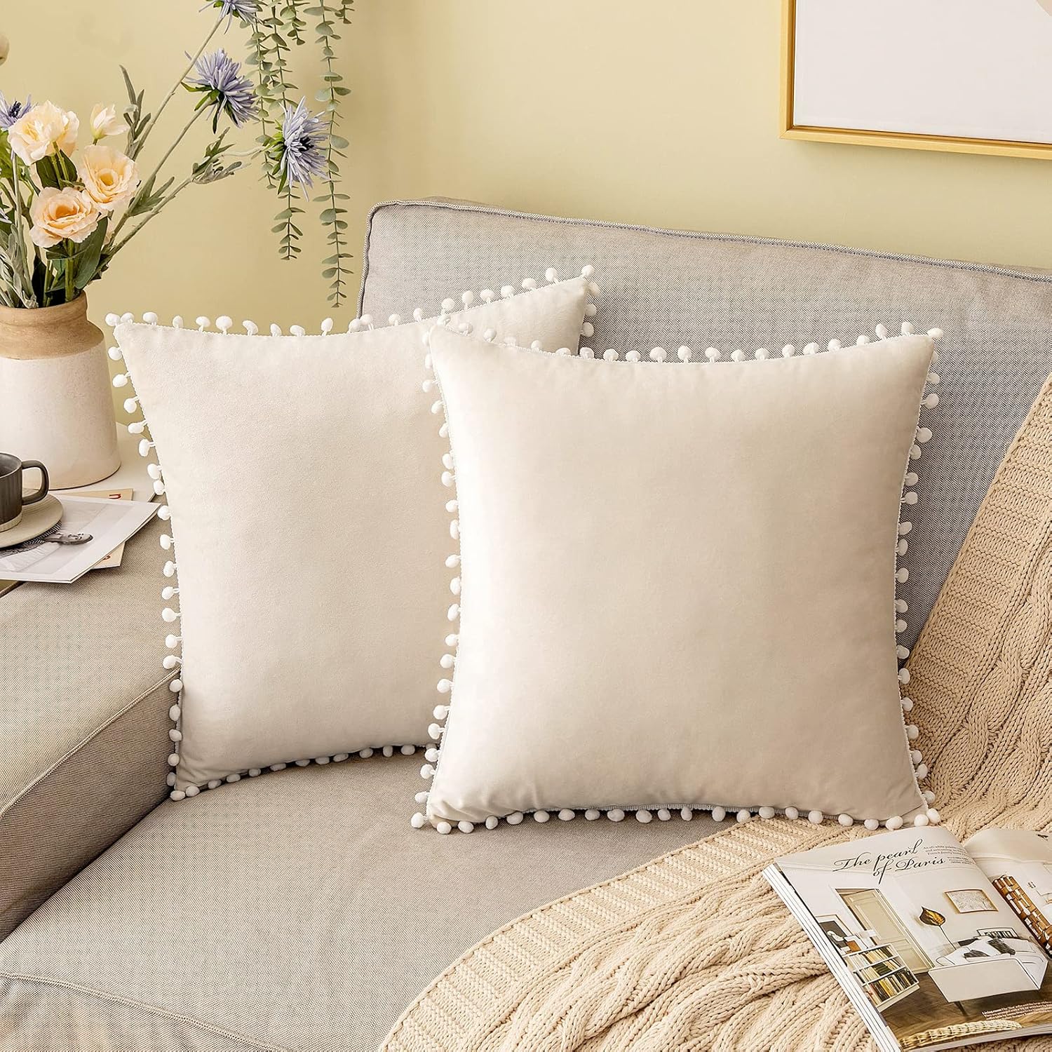 KNOTTING HOME Velvet Pompom Decorative Throw Pillow Covers Soft Solid Square Cushion Cover Pillow Decor, Cream color