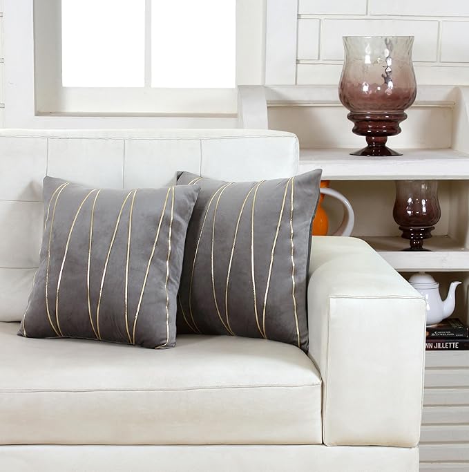 Knotting Home Decorative Gold Striped Throw Pillow Covers ,Soft Solid Velvet Pillow Covers Cushion Case with Zigzag Pattern for Sofa Bedroom