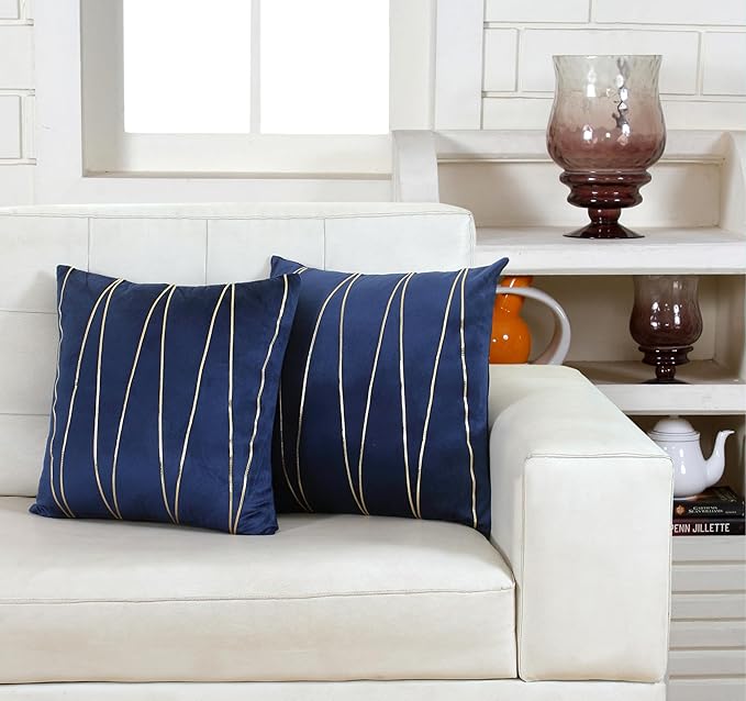 Knotting Home Decorative Gold Striped Throw Pillow Covers ,Soft Solid Velvet Pillow Covers Cushion Case with Zigzag Pattern for Sofa Bedroom