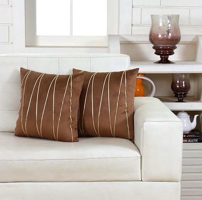 Knotting Home Decorative  Brown Gold Striped Throw Pillow Covers ,Soft Solid Velvet Pillow Covers Cushion Case with Zigzag Pattern for Sofa Bedroom