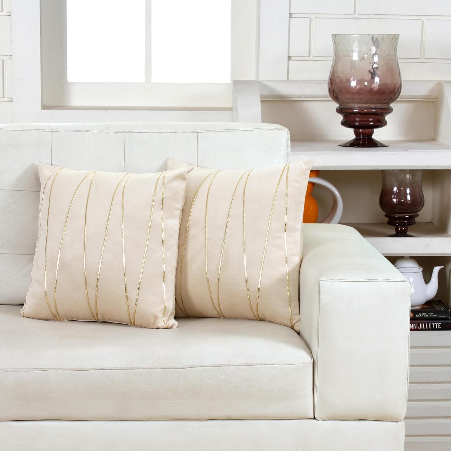 Knotting Home Decorative Beige Gold Striped Throw Pillow Covers ,Soft Solid Velvet Pillow Covers Cushion Case with Zigzag Pattern for Sofa Bedroom