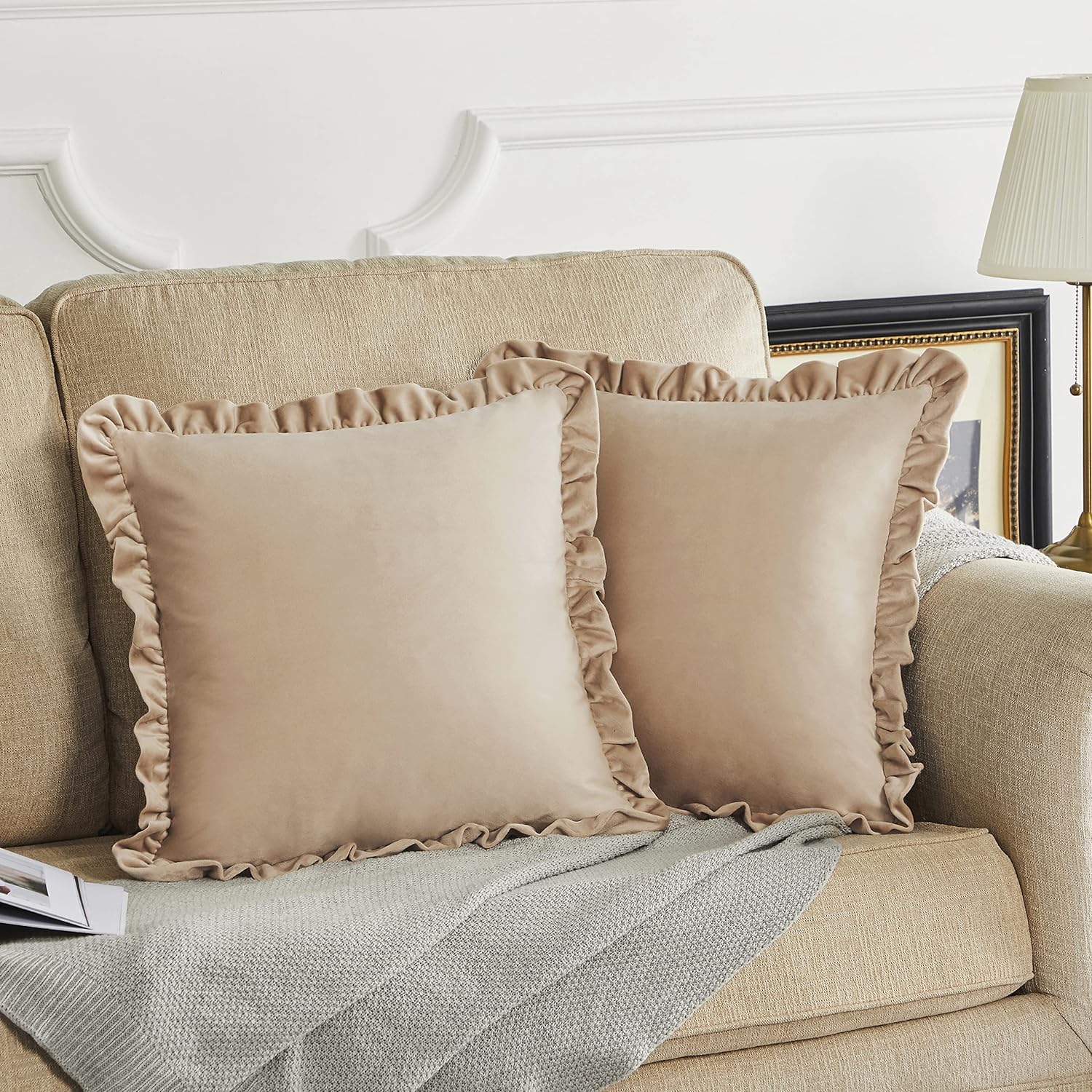 KNOTTING HOME Velvet Decorative Ruffle Cushion Pillow Covers for Sofa Couch and Home decor In Beige Color