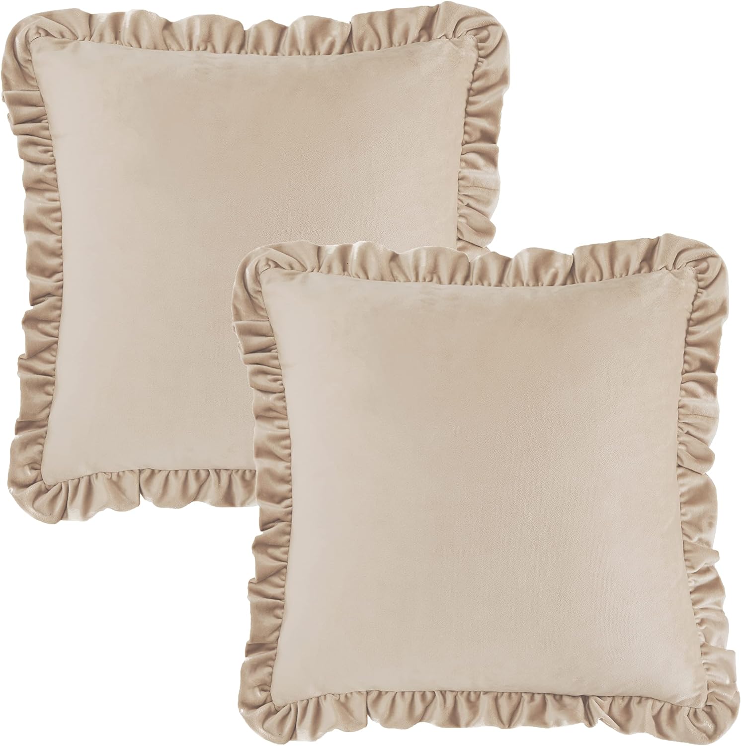 KNOTTING HOME Velvet Decorative Ruffle Cushion Pillow Covers for Sofa Couch and Home decor In Beige Color