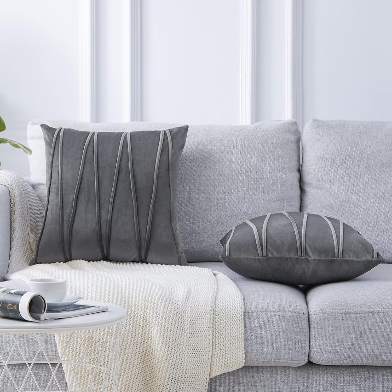 Knotting Home Decorative Striped Throw Pillow Covers  Grey Color ,Soft Solid Velvet Pillow Covers Cushion Case with Zigzag Pattern for Sofa Bedroom