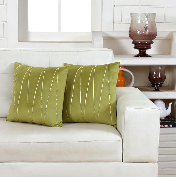 Knotting Home Decorative Green Gold Striped Throw Pillow Covers ,Soft Solid Velvet Pillow Covers Cushion Case with Zigzag Pattern for Sofa Bedroom