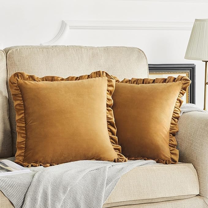 KNOTTING HOME Velvet Decorative Ruffle Cushion Pillow Covers for Sofa Couch and Home decor