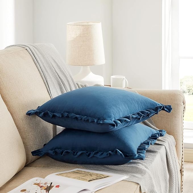 KNOTTING HOME Velvet Decorative Ruffle Cushion Pillow Covers for Sofa Couch and Home decor In Blue Color