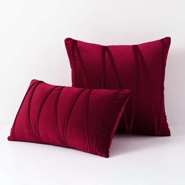 Knotting Home Decorative Striped Throw Pillow Covers Wine Color Solid Velvet Pillow Covers Cushion Case with Zigzag Pattern for Sofa Bedroom
