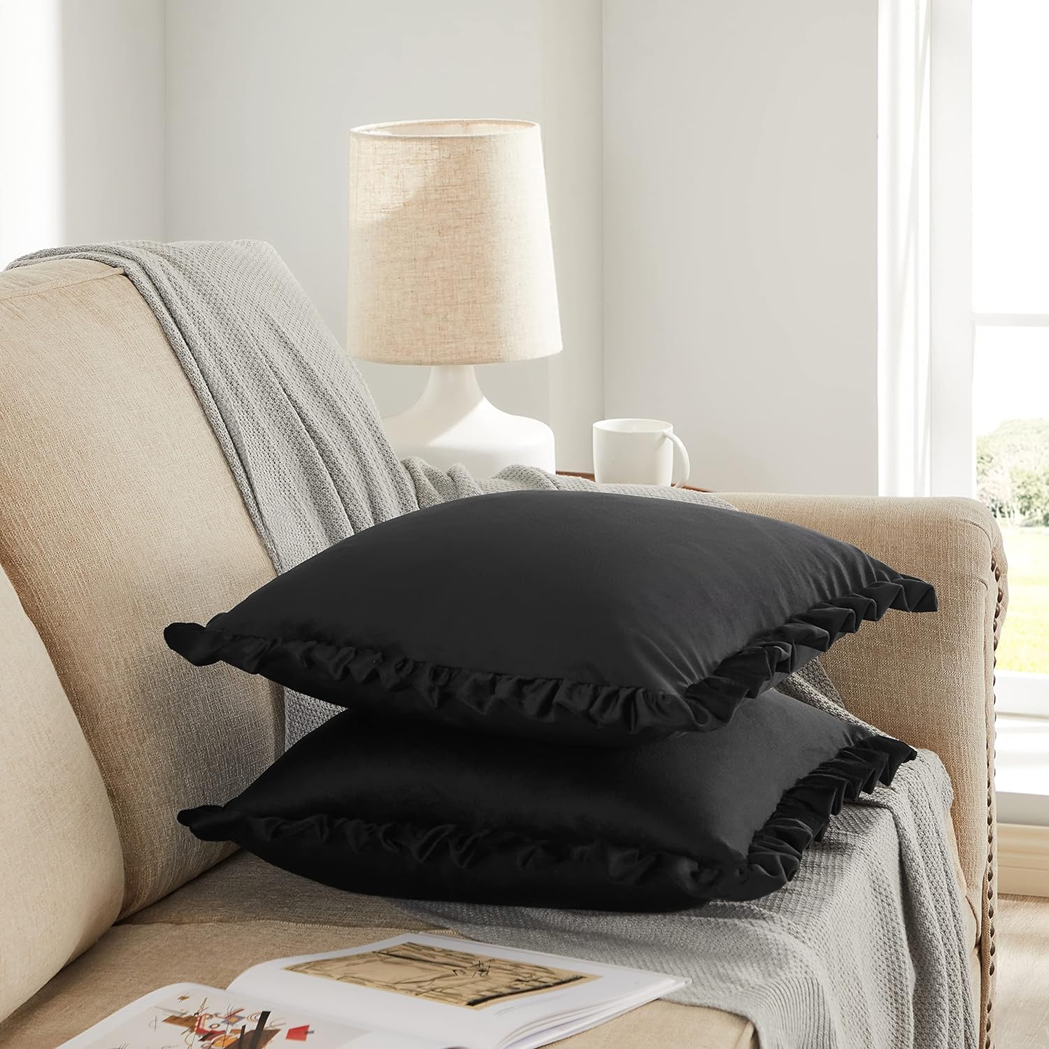 KNOTTING HOME Velvet Decorative Ruffle Cushion Pillow Covers for Sofa Couch and Home decor In Black Color
