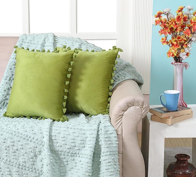 KNOTTING HOME Velvet Tassels Fringe Design Cushion Cover Throw Pillow Covers for Sofa Living Room in Green Color