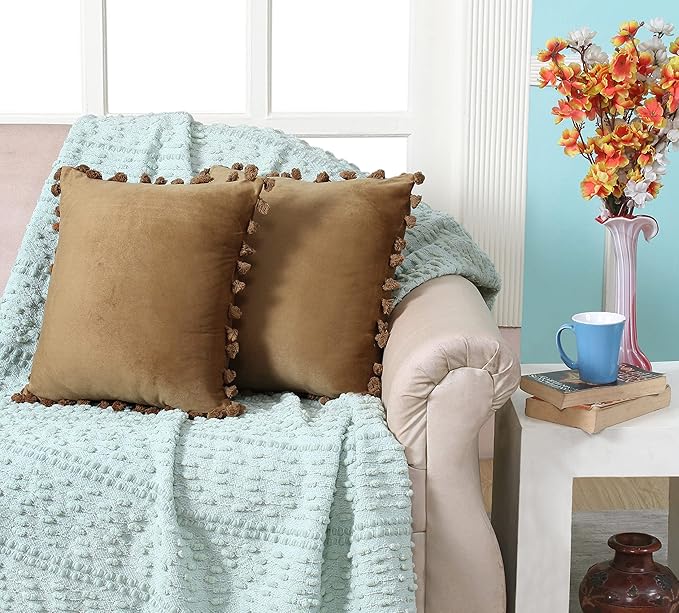 KNOTTING HOME Velvet Tassels Fringe Design Cushion Cover Throw Pillow Covers for Sofa Living Room in Brown Color