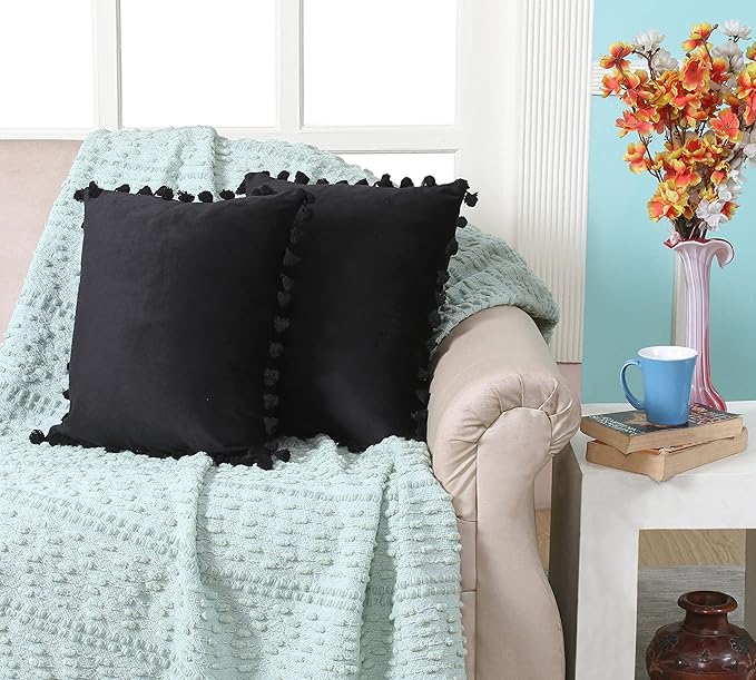 KNOTTING HOME Velvet Tassels Fringe Design Cushion Cover Throw Pillow Covers for Sofa Living Room in Black Color