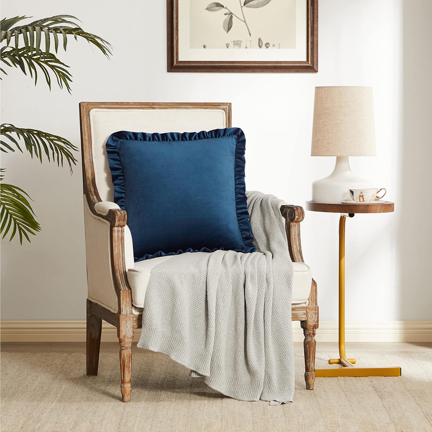 KNOTTING HOME Velvet Decorative Ruffle Cushion Pillow Covers for Sofa Couch and Home decor In Blue Color