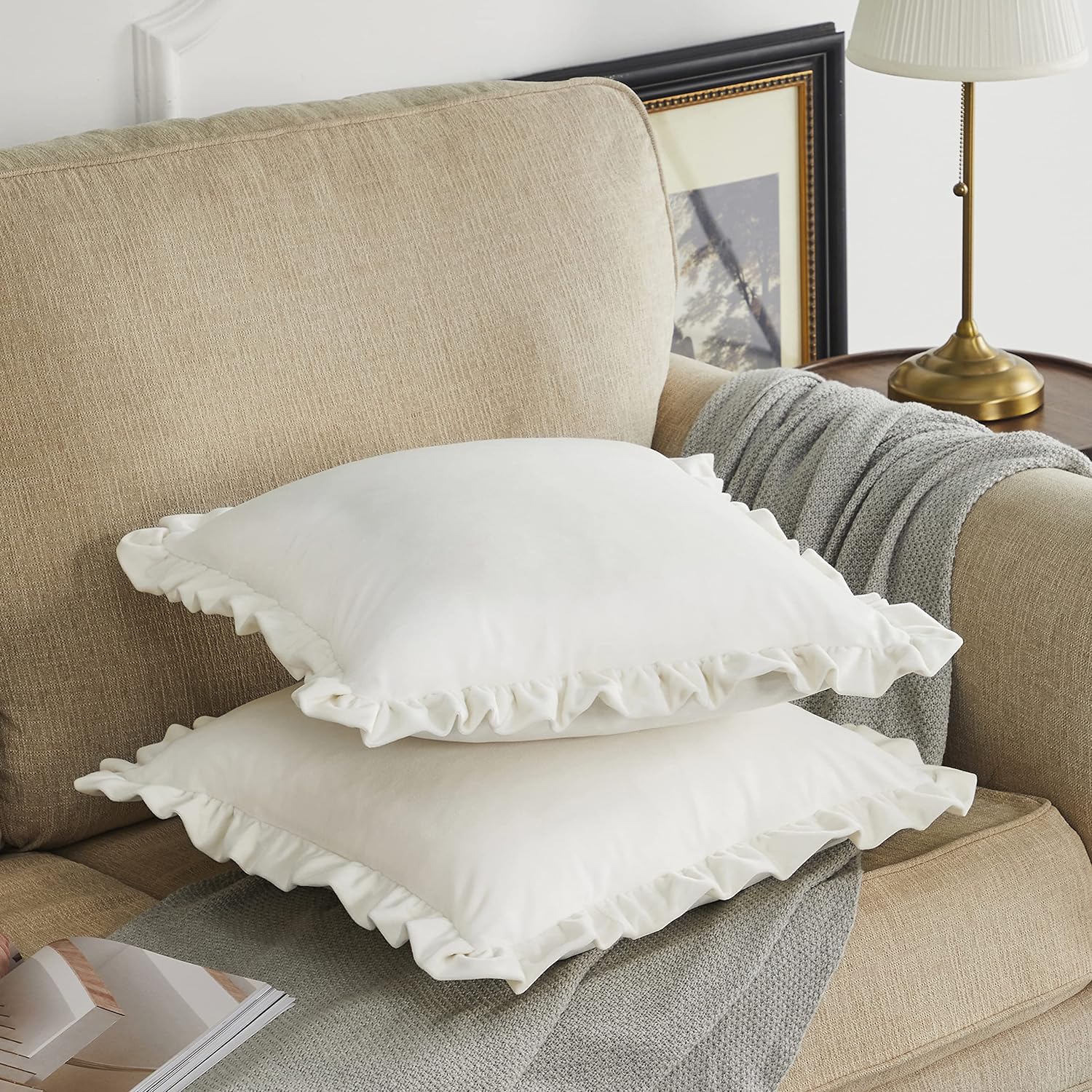 KNOTTING HOME Velvet Decorative Ruffle Cushion Pillow Covers for Sofa Couch and Home decor In White color