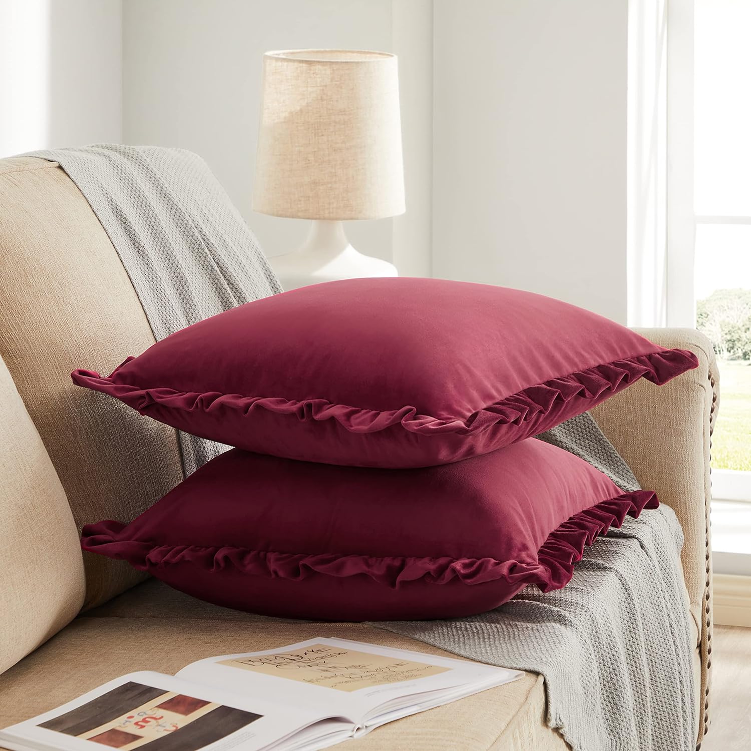 KNOTTING HOME Velvet Decorative Ruffle Cushion Pillow Covers for Sofa Couch and Home decor In Wine color