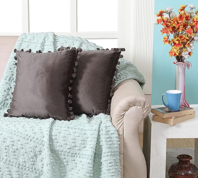 KNOTTING HOME Velvet Tassels Fringe Design Cushion Cover Throw Pillow Covers for Sofa Living Room in Coffee Color