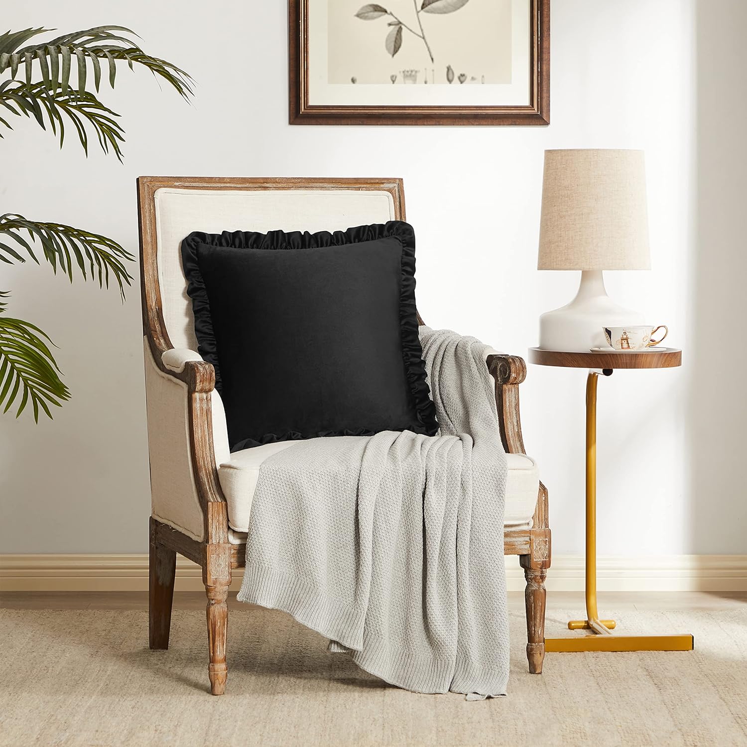 KNOTTING HOME Velvet Decorative Ruffle Cushion Pillow Covers for Sofa Couch and Home decor In Black Color