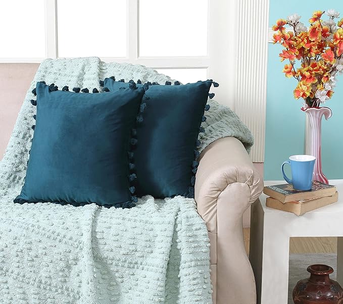 KNOTTING HOME Velvet Tassels Fringe Design Cushion Cover Throw Pillow Covers for Sofa Living Room in Blue Color