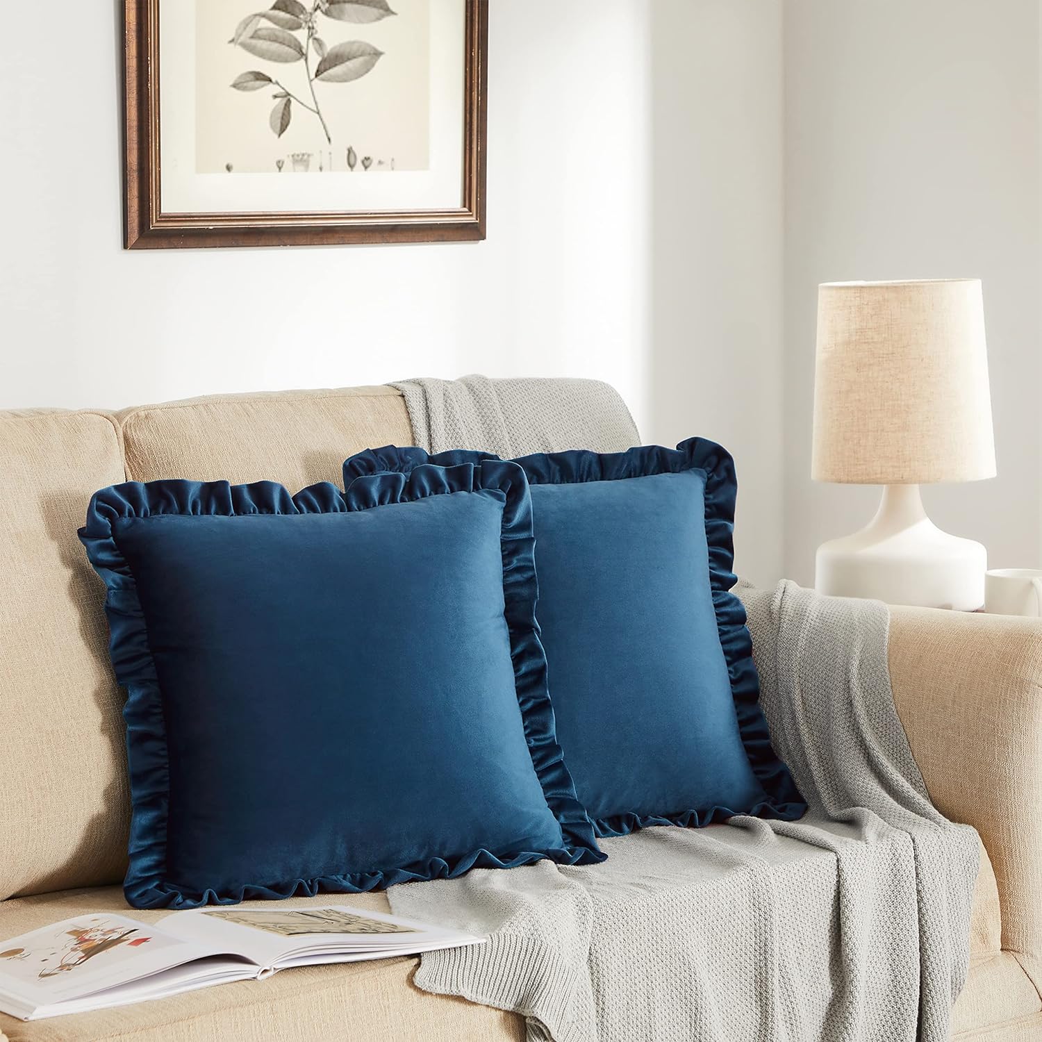 KNOTTING HOME Velvet Decorative Ruffle Cushion Pillow Covers for Sofa Couch and Home decor In Blue Color