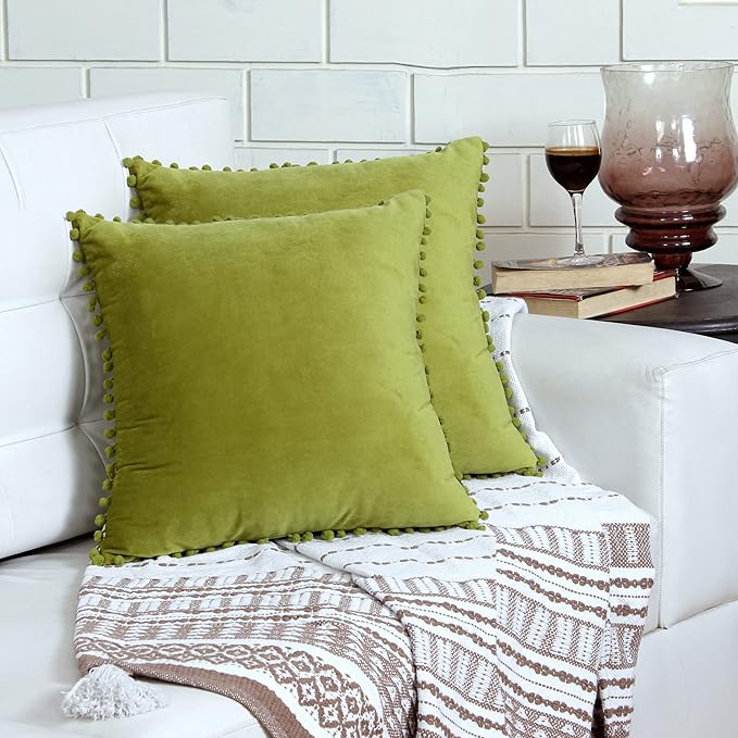KNOTTING HOME Velvet Pompom Decorative Throw Pillow Covers Soft Solid Square Cushion Cover Pillow Decor, Green color