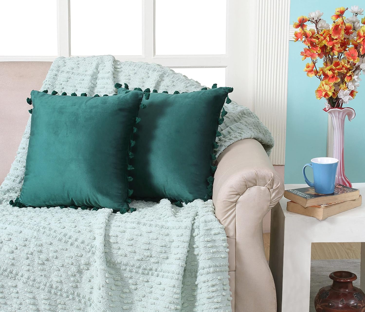 KNOTTING HOME Velvet Tassels Fringe Design Decorative Throw Pillow Covers Soft Solid Square Cushion Cover Pillow Decor, Deep Teal