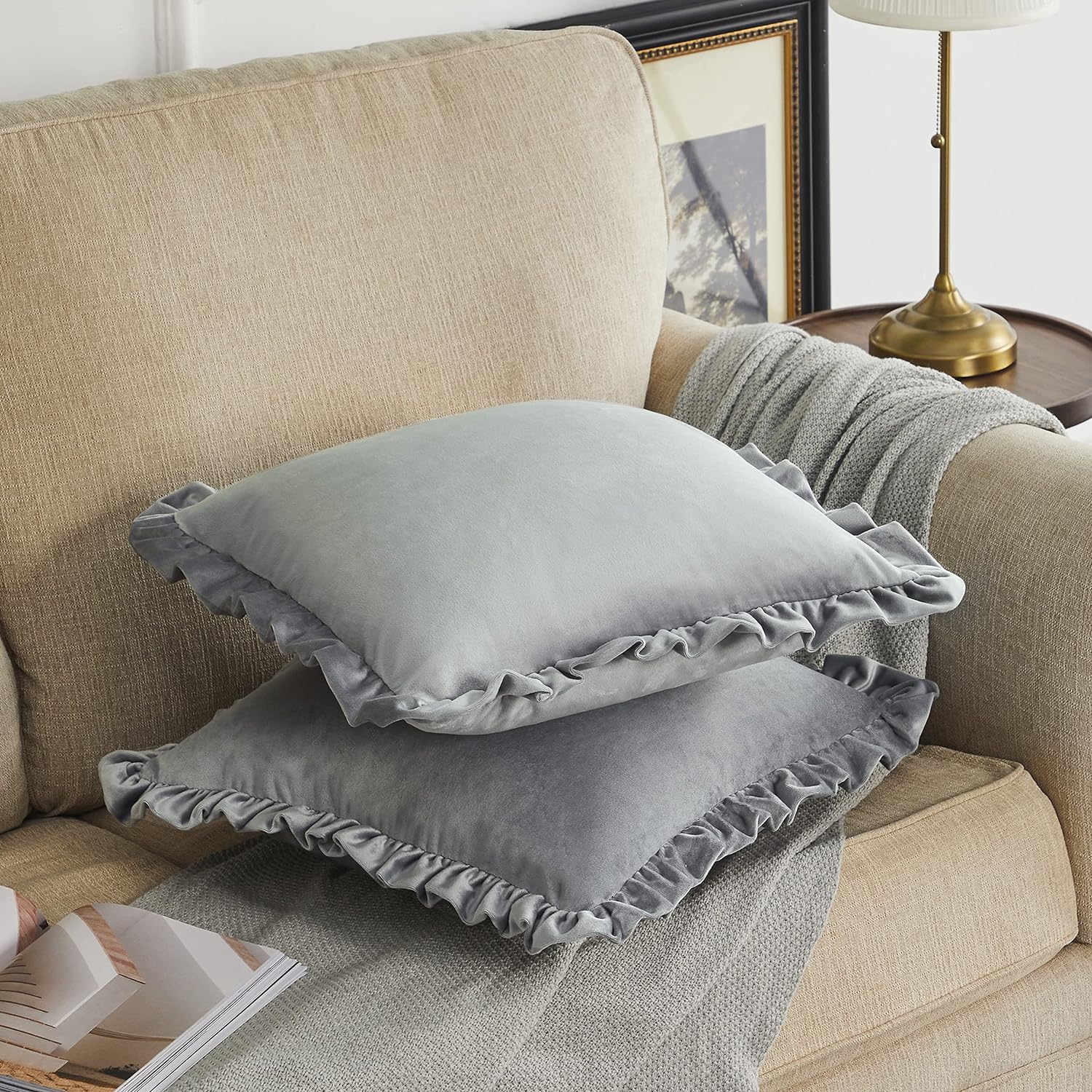 KNOTTING HOME Velvet Decorative Ruffle Cushion Pillow Covers for Sofa Couch and Home decor In Silver Color