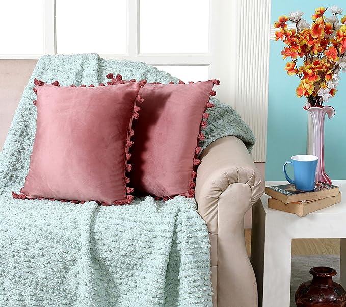 KNOTTING HOME Velvet Tassels Fringe Design Cushion Cover Throw Pillow Covers for Sofa Living Room in Blush Color