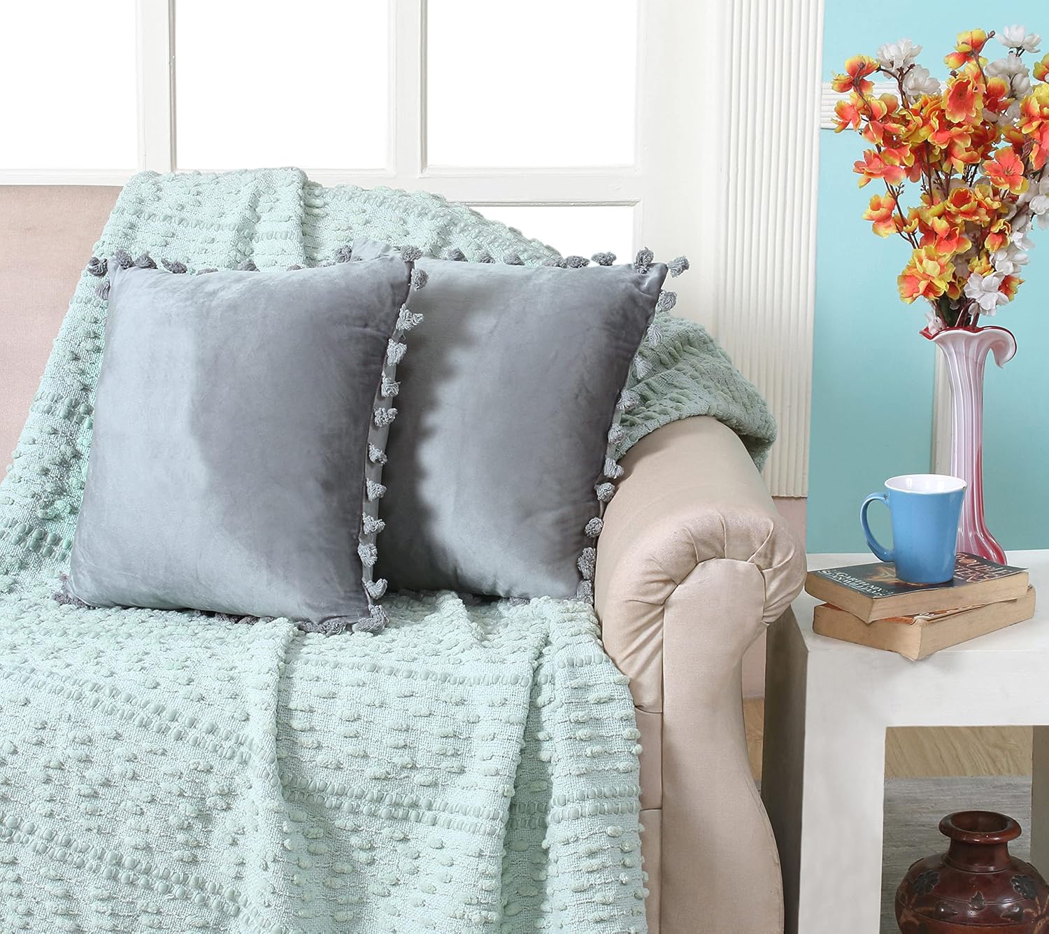 KNOTTING HOME Velvet Tassels Fringe Design Decorative Throw Pillow Covers Soft Solid Square Cushion Cover Pillow Decor, Silver